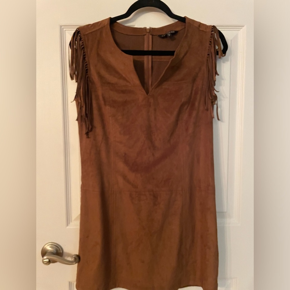 Express Tan Fringe Suede Shift Dress